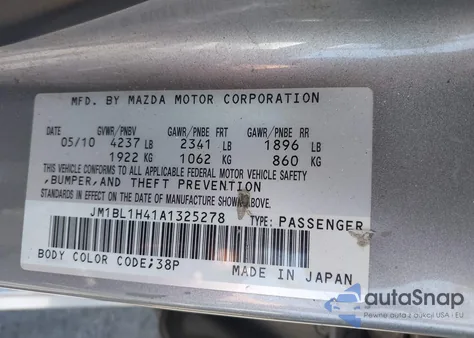 2010 Mazda Mazdaspeed3 Sport z USA, uszkodzony, nr VIN JM1BL1H41A1325278